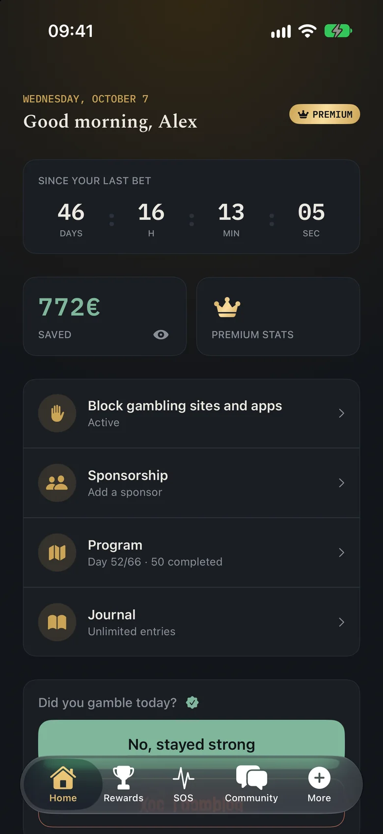 Tela inicial do FoldShift: 46 dias desde a última aposta, 772 € economizados, programa no dia 52 de 66.