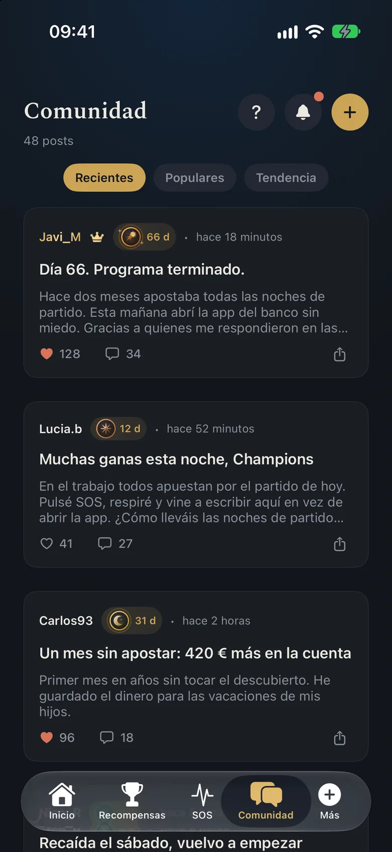 Pestaña Comunidad de la app: publicaciones con seudónimos, rachas de días, me gusta y comentarios (publicaciones inventadas para el ejemplo).