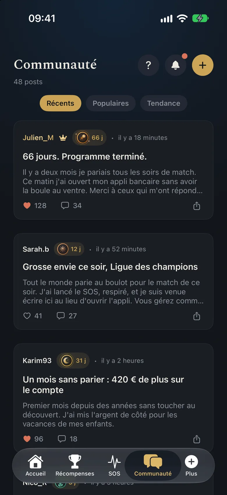 Onglet Communauté de l'app : un fil de posts avec pseudos, séries de jours, likes et commentaires (posts inventés pour l'exemple).